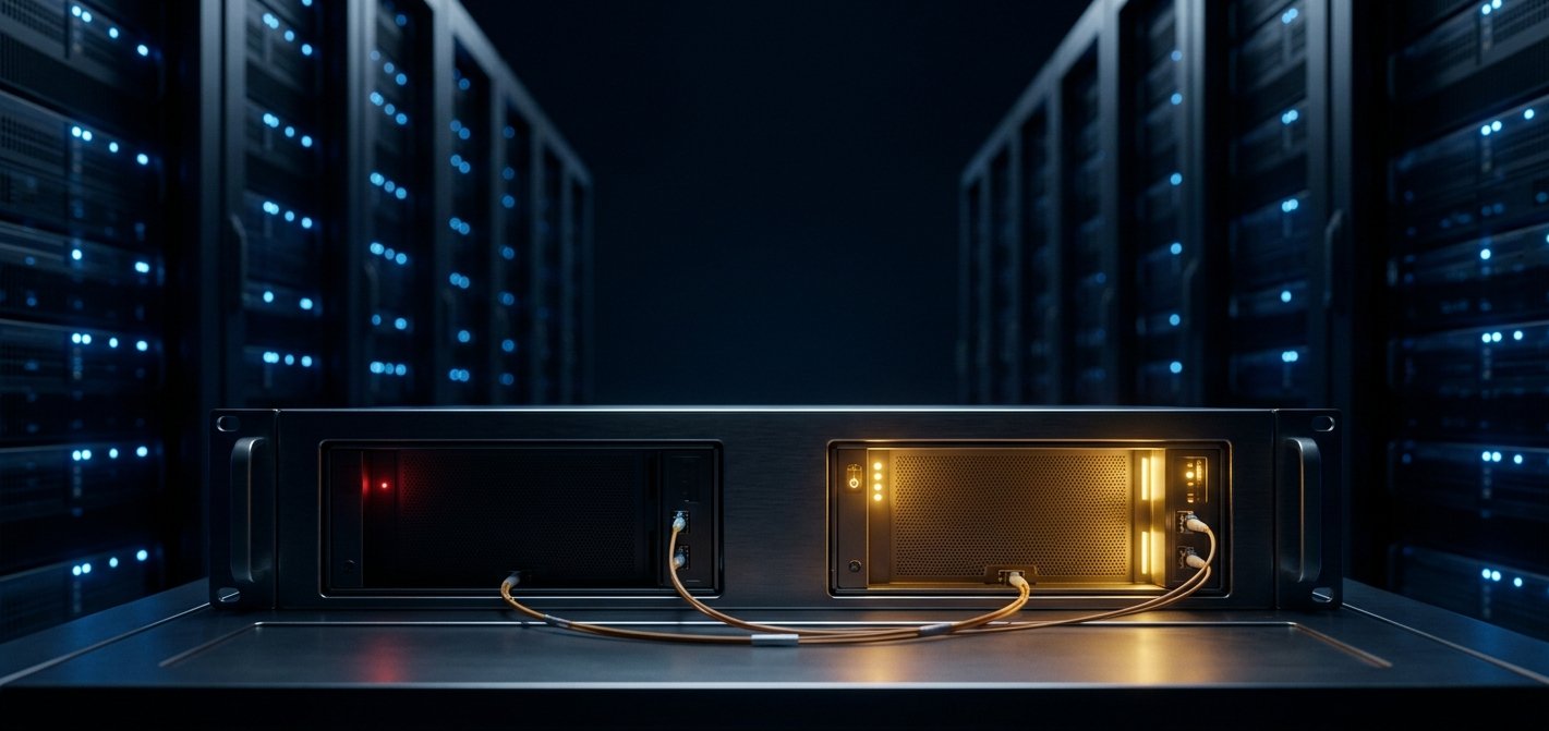 Two server rack modules side by side: the left one dark with a red standby light, the right one glowing gold and carrying the load, a fiber cable wired between them, blue server rows running steadily behind.