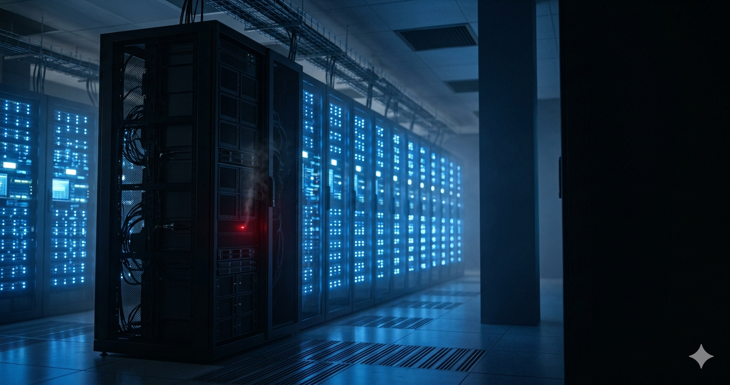 A dark data center with one server rack powered down and glowing red while the rows behind it run blue.